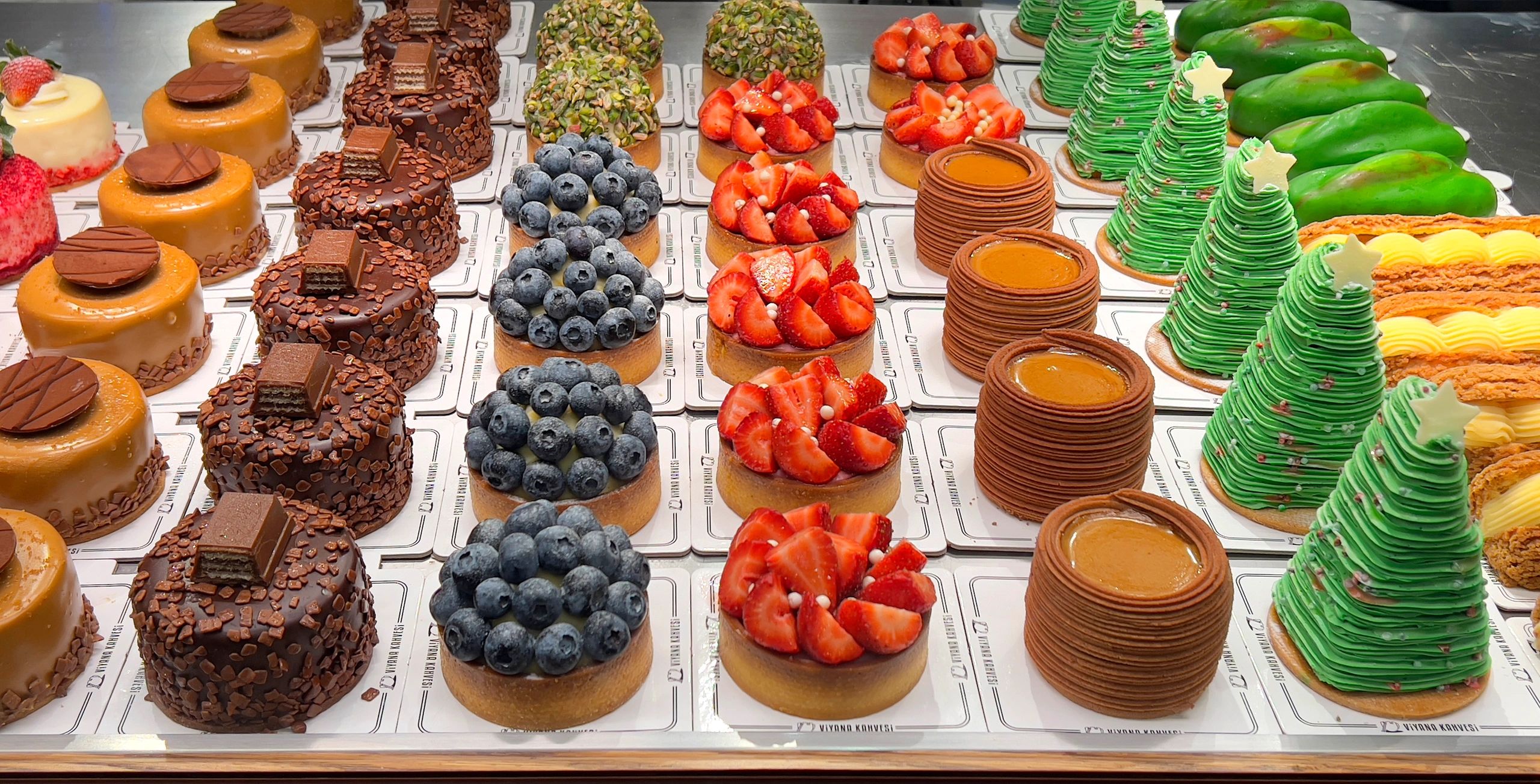 Assorted pastries on display in bakery